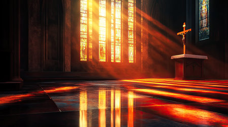 Sun rays penetrate a crucifix-patterned window in a dark church interior, reflecting colors on the floor and pulpit. A serene 3D-rendered scene.の素材