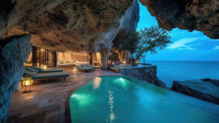 Luxury resort nestled within a cave, overlooking a stunning blue ocean seascape. The serene environment combines natural beauty with opulent comfort.の素材
