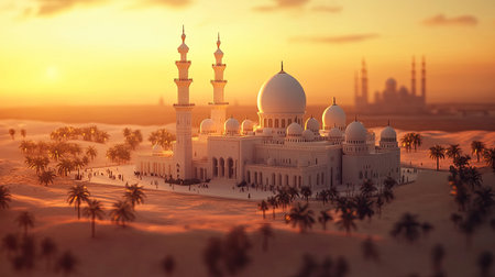 In the desert, a miniature grand mosque is bathed in the soft glow of sunset, highlighting its architectural beauty and spiritual significance.の素材