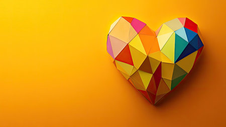 Rainbow-colored geometric heart set against a bright orange backdrop, representing love, diversity, and modern art.の素材