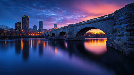 The Stone Arch Bridge and Minneapolis skyline at dusk, showcasing the city's architectural beauty against the tranquil Mississippi River.の素材
