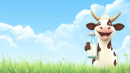 Cartoon milk cow holding a glass milk bottle, standing on green grass with a blue sky background. Advertising space available.の素材