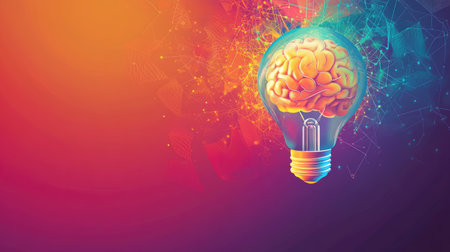 Bright multi-colored background with a light bulb and brain inside, symbolizing creativity and innovation. Perfect for marketing themes.の素材