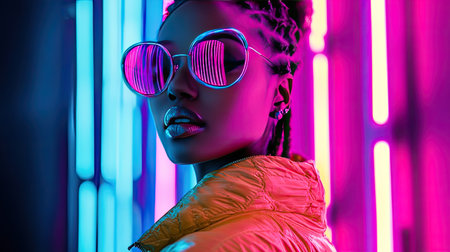Model's striking pose under vibrant neon lights, creating a Neon Glow Fantasy scene that is both surreal and captivating.の素材