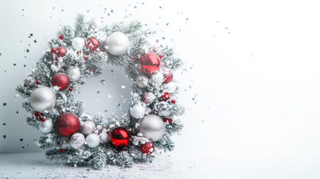 Merry Christmas wreath made of fir branches, white and silver decorations, sparkles, and confetti on a white background. Festive and elegant, with space for text.の素材