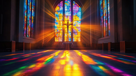 Dim old church interior with sun rays penetrating through a colorful stained glass window in a crucifix pattern, reflecting colors on the floor and speech pulpit.の素材