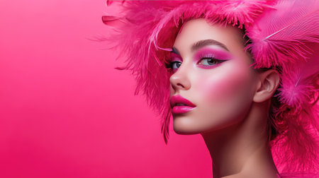Woman adorned with bright pink makeup and feathers in her hair, set against a matching pink backdrop. Beauty, fashion, and creativity are highlighted.の素材