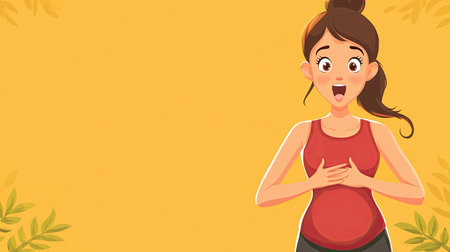 Surprised cartoon woman in exercise clothes looking at her belly. One-color background with space for advertising.の素材