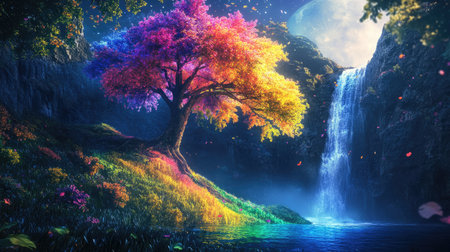 A majestic tree with rainbow-colored leaves and vibrant grass, set against a backdrop of a cascading waterfall. The moonlight illuminates the tree, creating a magical scene.の素材