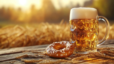 Beer mug and a pretzel on a rustic wooden table, with golden wheat and sunset lighting creating a warm, inviting scene. Captures the essence of Oktoberfest.の素材