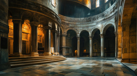 Interior of the Church of the Holy Sepulchre, Jerusalem, featuring the Dome of the Rotunda over the Aedicule or Holy Sepulchre chapel. Historic and sacred.の素材