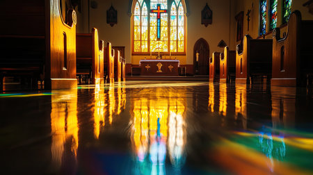 Old church interior bathed in sunlight from a stained glass crucifix window, casting colorful reflections on the floor and pulpit. Serene and historic.の素材