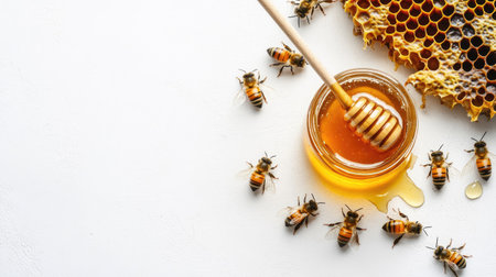 Honey jar and dipper with honey, accompanied by a beehive and bees on a white background. Space for ads.の素材