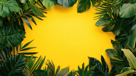 Green leaves create a lush border framing a vibrant yellow area in the middle. Ideal for refreshing design themes and text overlays.の素材