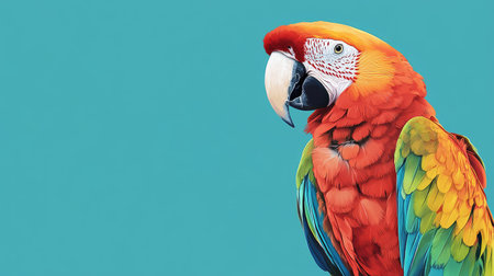 Portrait of a colorful macaw parrot against a solid teal background, highlighting its vibrant plumage and striking features.の素材