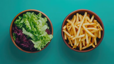 Top view of fresh salad and french fries on a blue-green background, representing the contrast between health and indulgence.の素材