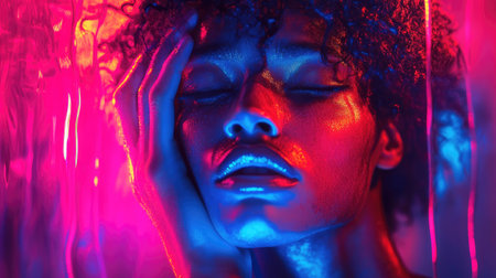 Vibrant neon lights illuminate a model in a striking pose, creating a Neon Glow Fantasy with a surreal and captivating vibe.の素材