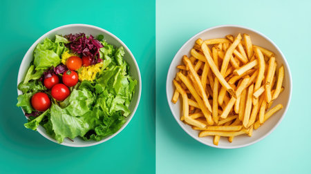 Top view of fresh salad and french fries on a blue-green background, representing the contrast between health and indulgence.の素材