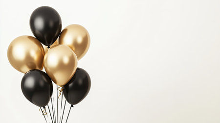 Elegant black and gold balloons on a white backdrop, perfect for adding a touch of luxury and celebration to your designs.の素材
