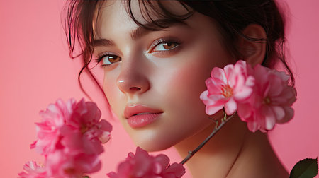 Portrait of a woman with pink flowers, against a pink background. Emphasizes beauty and femininity.の素材