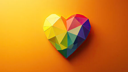 Artistic geometric heart in rainbow colors on an orange background, emphasizing love, diversity, and inclusion.の素材