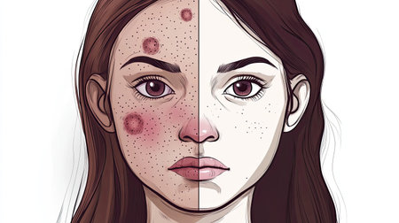 Illustrative cartoon of a woman's face before and after skincare, with one side showing acne and the other clear skin.の素材