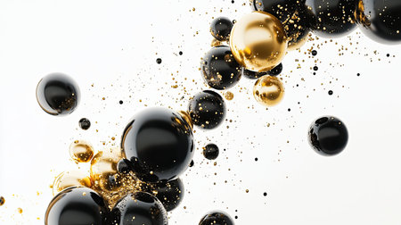 Black and gold balloons against a white background, creating a stylish and festive abstract scene.の素材