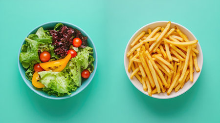 Comparison of a bowl of fresh salad and a bowl of french fries on a blue-green background. Highlights the choice between healthy and indulgent food options.の素材