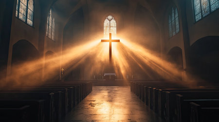 Ethereal light highlighting the cross in a church, embodying Christian faith in a universal and abstract style. Great for religious content and inspirational designs.の素材