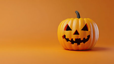 3D render of a large carved Halloween pumpkin, set against a vibrant orange background. Perfect for festive and spooky visuals with room for text or advertisements.の素材