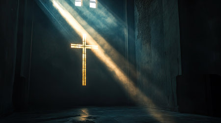 Beam of light illuminating the cross in a church, representing the essence of Christianity in an abstract and universal manner. Ideal for faith-based visuals.の素材