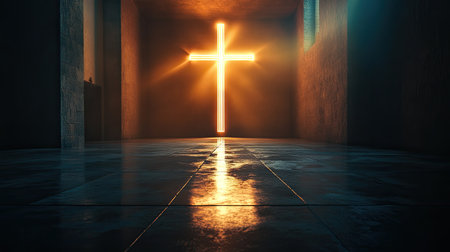 Glowing cross in a church bathed in light, abstractly conveying the core beliefs of Christianity. Suitable for religious and spiritual imagery.の素材
