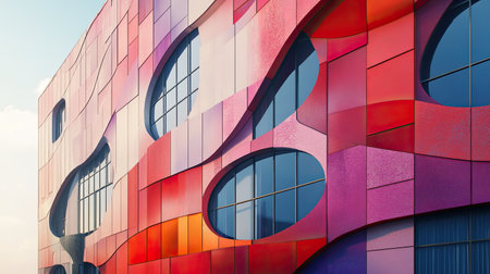 Facade of a modern building adorned with abstract art, representing creativity and innovation in business. Suitable for corporate concept visuals.の素材