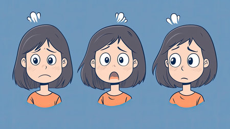 One color background featuring a cartoon girl with happy and sad facial expressions. The clear contrast in her emotions is ideal for a variety of content needs.の素材
