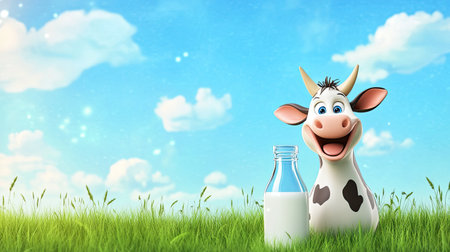Cheerful cartoon milk cow showcasing a glass milk bottle on a green grassy field with a blue sky. Ideal for dairy advertisements.の素材