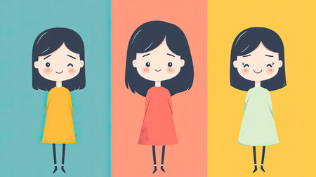 Minimalist cartoon girl with clear happy and sad faces on a uniformly colored background. Ideal for straightforwardly expressing a range of emotions.の素材