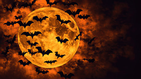The central full moon is encircled by small black bat silhouettes, creating an abstract 3D effect. Perfect for Halloween or nighttime scene designs.の素材
