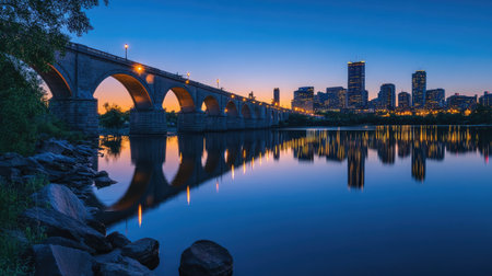 Dusk in Minneapolis with the Stone Arch Bridge and city skyline illuminated, casting a serene glow over the Mississippi River.の素材