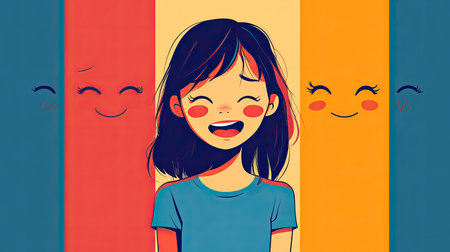 Minimalist cartoon girl with clear happy and sad faces on a uniformly colored background. Ideal for straightforwardly expressing a range of emotions.の素材