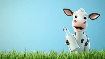 Friendly cartoon milk cow displaying a glass milk bottle against a blue background, with green grass below and space for ads.の素材