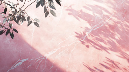 Pink marble wall with white veins and light rays casting shadows of leaves, creating an elegant product display background.の素材