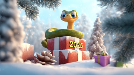 In a snowy environment, a 3D cartoon snake marked "2025" lounges atop a stack of presents. The scene is framed by snow-dusted trees, offering a whimsical and festive atmosphere.の素材