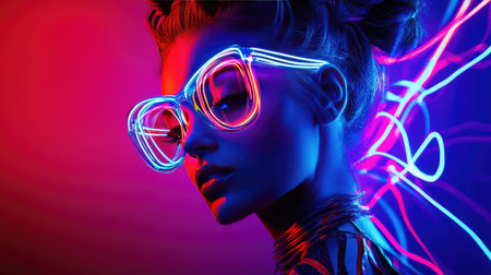 Vibrant neon lights illuminate a model in a striking pose, creating a Neon Glow Fantasy with a surreal and captivating vibe.の素材