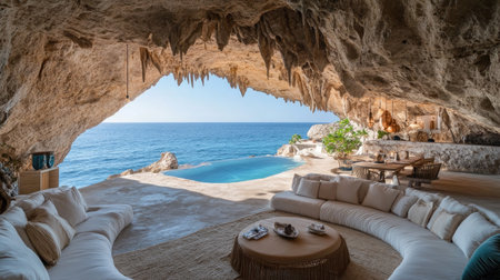 Inside a cave luxury resort, guests enjoy breathtaking views of the blue ocean water. A perfect blend of nature and luxury for an unforgettable retreat.の素材