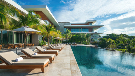 Contemporary hotel with high-tech design, tropical setting, and inviting swimming pool. Lounge chairs provide a perfect spot for relaxation.の素材