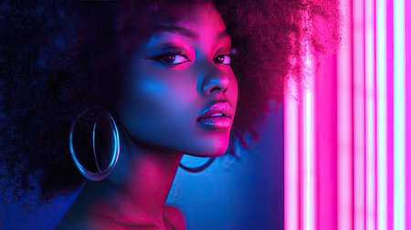Model's striking pose under vibrant neon lights, creating a Neon Glow Fantasy scene that is both surreal and captivating.の素材