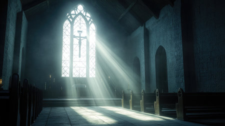 Dark church interior with sun rays illuminating through a crucifix-patterned glass window. A 3D render showcasing spiritual and serene ambiance.の素材