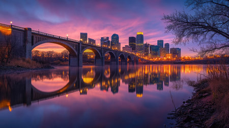 Minneapolis skyline with the iconic Stone Arch Bridge spanning the Mississippi River at dusk. The city lights reflect beautifully on the water.の素材