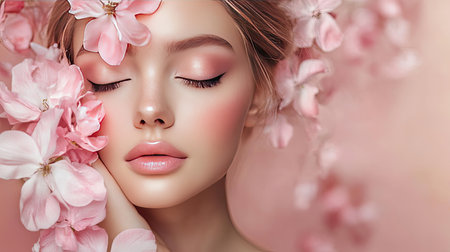Serene woman with pink flowers and matching makeup, eyes closed. The image highlights beauty and elegance with a pink theme.の素材