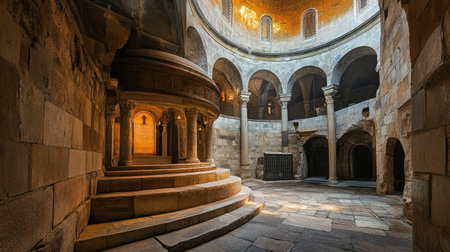 Jerusalem's Church of the Holy Sepulchre interior, with the Dome of the Rotunda above the Aedicule chapel. Historic Christian site.の素材